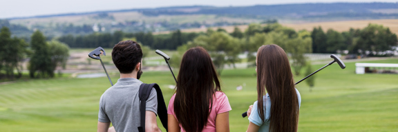 Back View Friends With Golf Equipment
